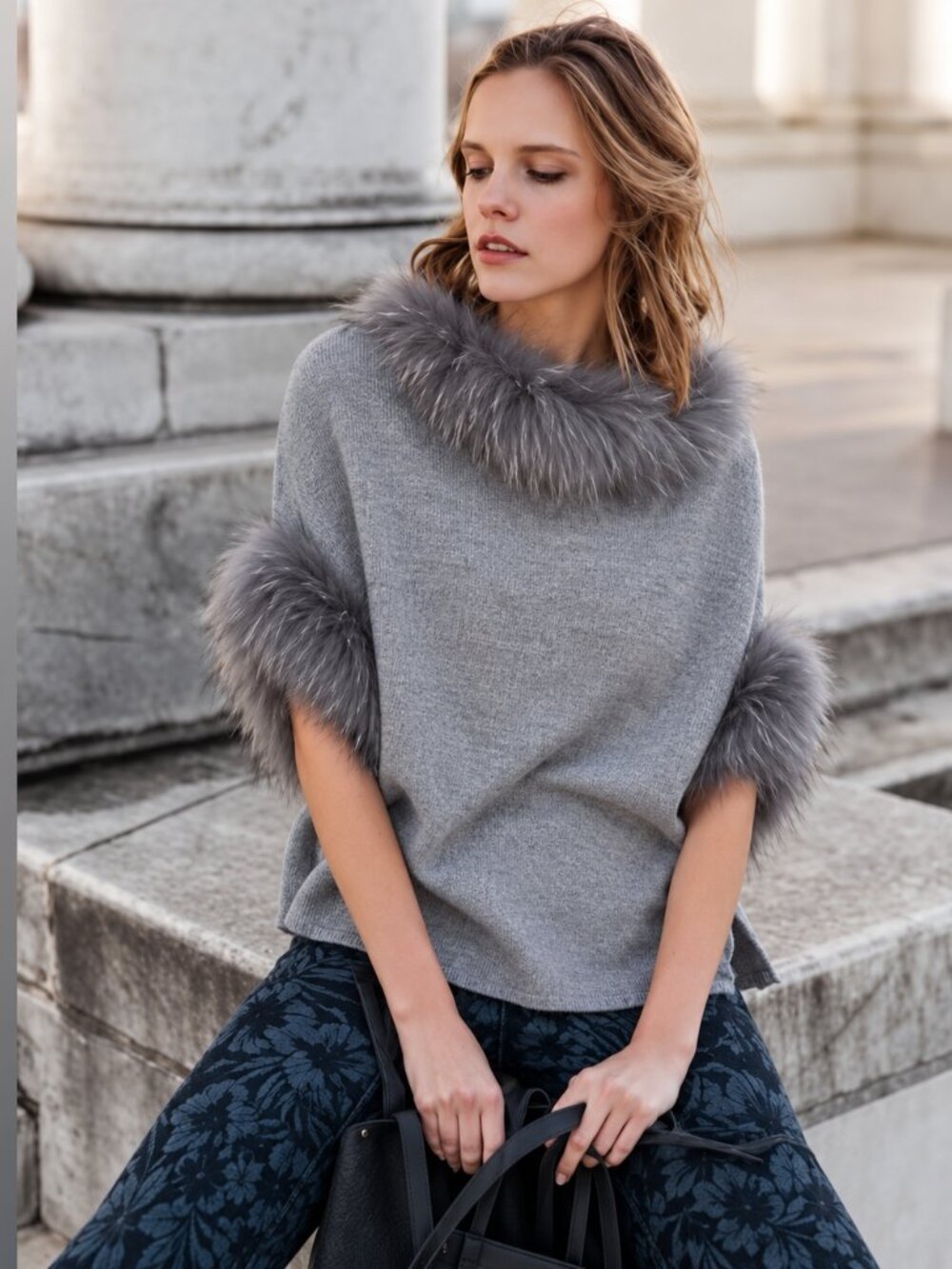LOVE TOKEN Walton Fox Fur Trim Dolman Sleeve Poncho Sweater XS/S NWOT